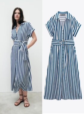 ZA单！搭配腰带！女士法式新款中长条纹撞色时尚显瘦短袖夏连衣裙