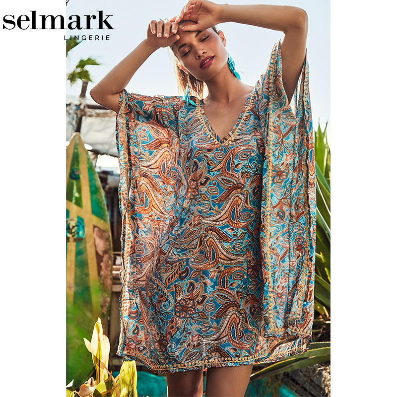 Selmark欧洲进口宽松比基尼罩衫蝙蝠袖高级优雅沙滩连衣裙女BK395