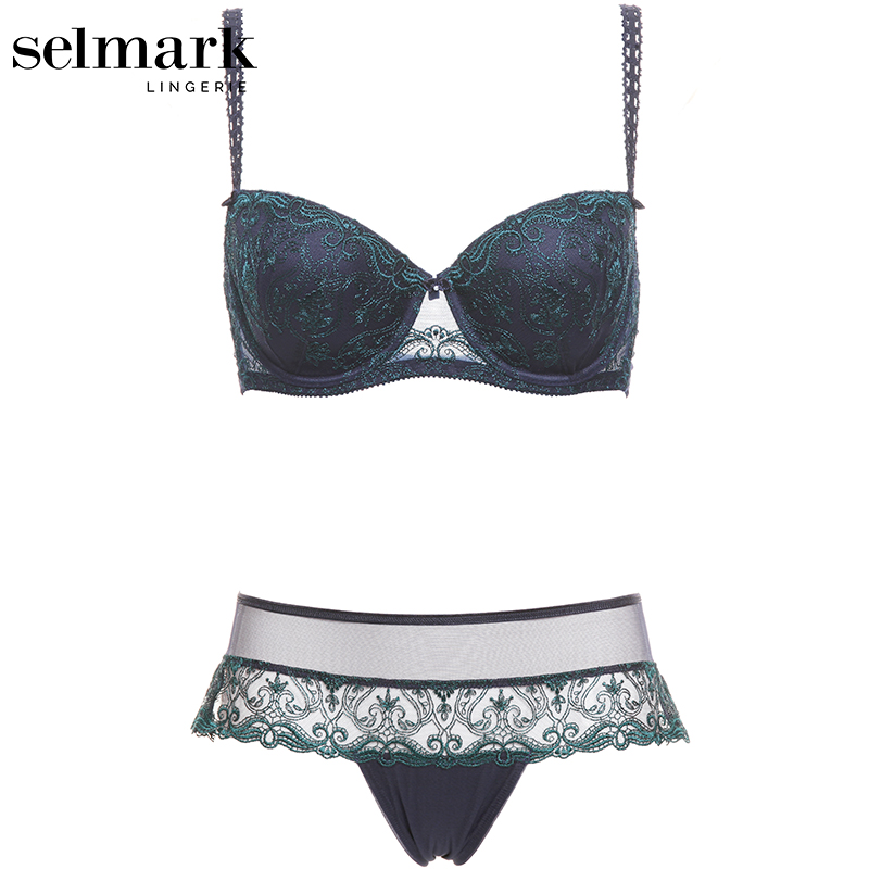 SELMARK欧洲进口半杯型蕾丝文胸奢华刺绣上托内衣裤套装女9052005