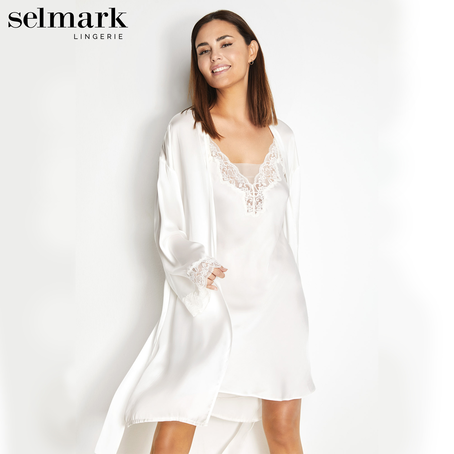 SELMARK欧洲进口性感V领蕾丝睡衣套装绸缎吊带睡裙睡袍女0026070