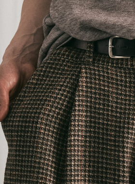 100%纯羊毛复古千鸟格廓形宽松直筒cleanfit西裤HUNTINGOLD 1533