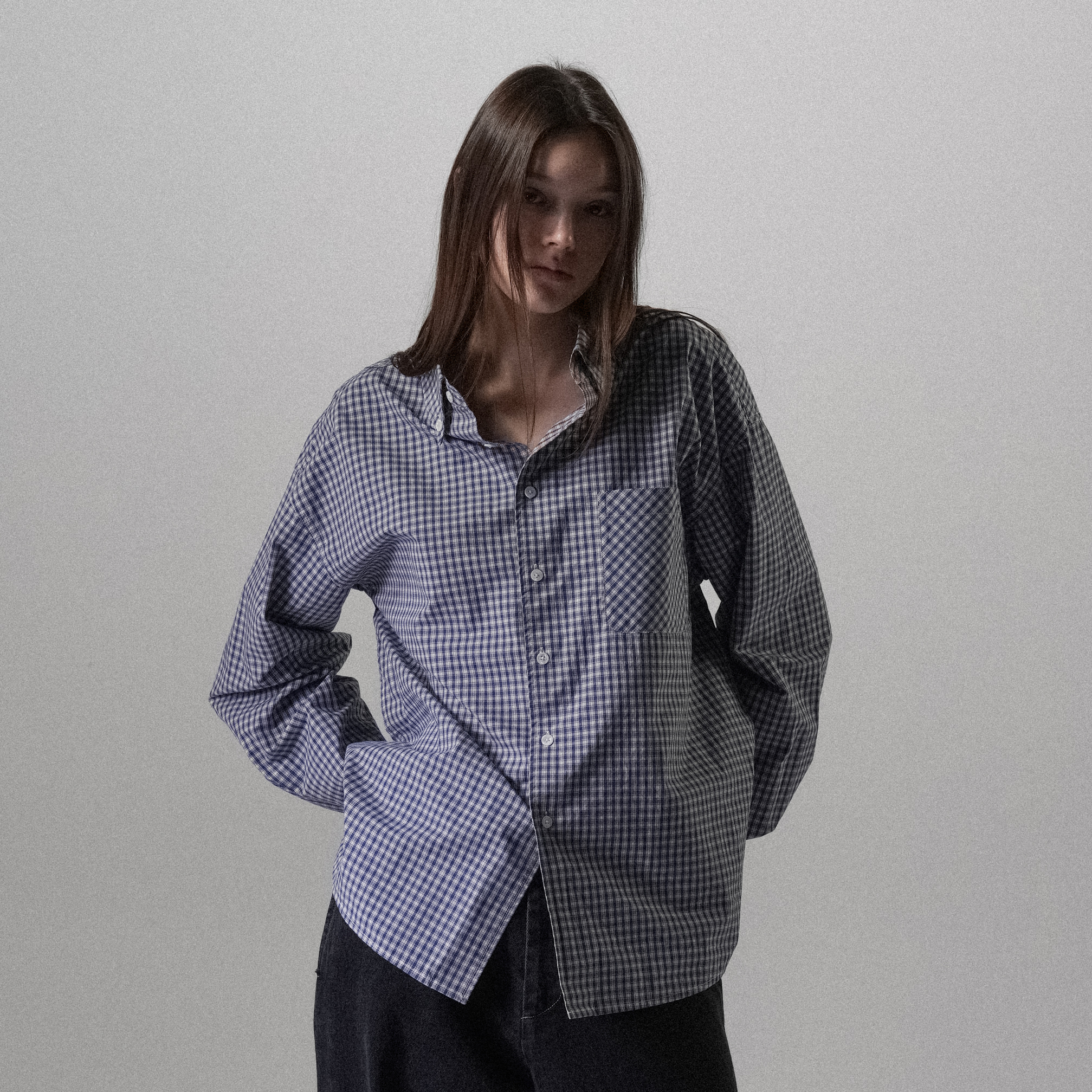 纯棉格纹廓形纽扣领宽松休闲衬衫