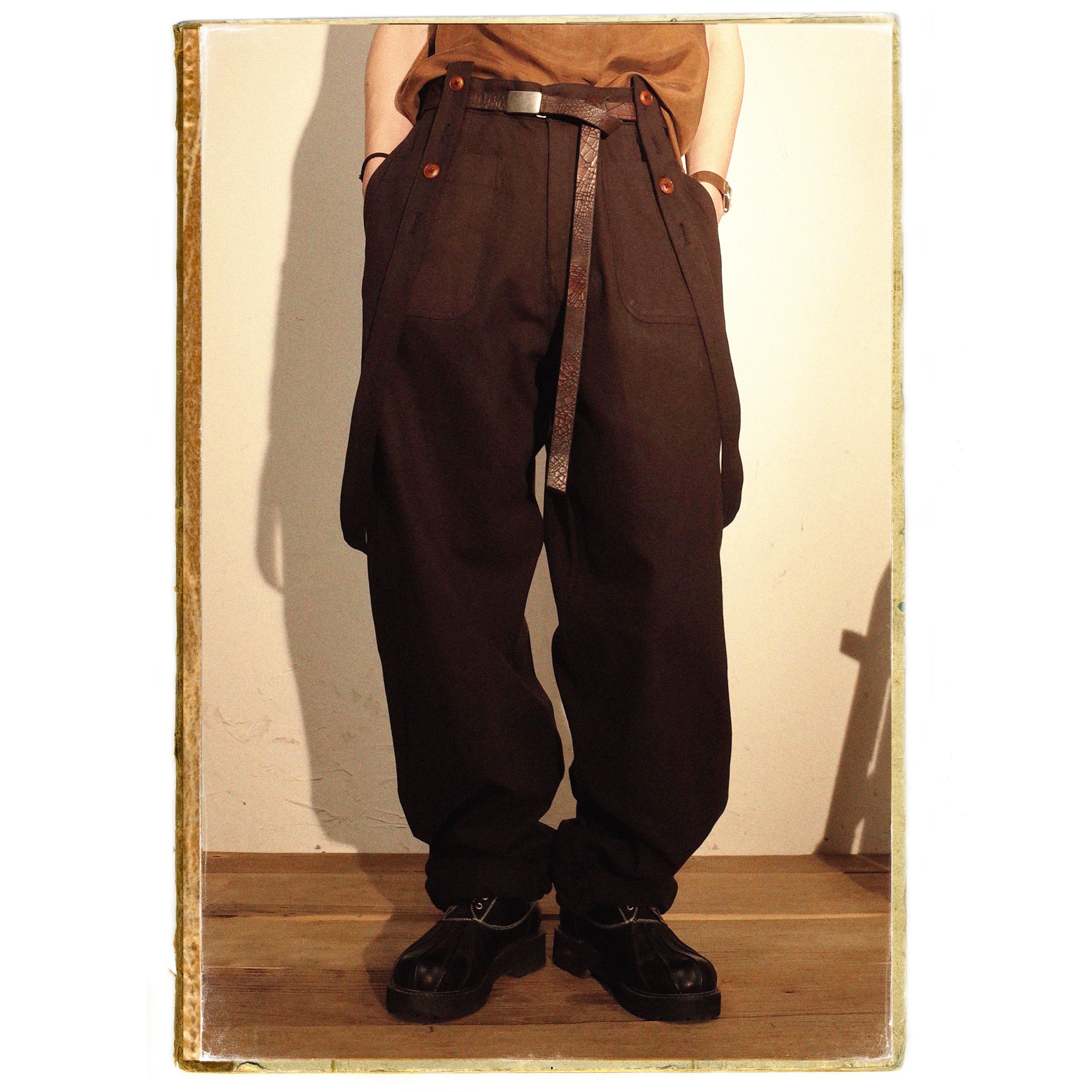 HUNTINGOLD日系古着背带裤高端日产面料纯黑宽松可调节束脚1533