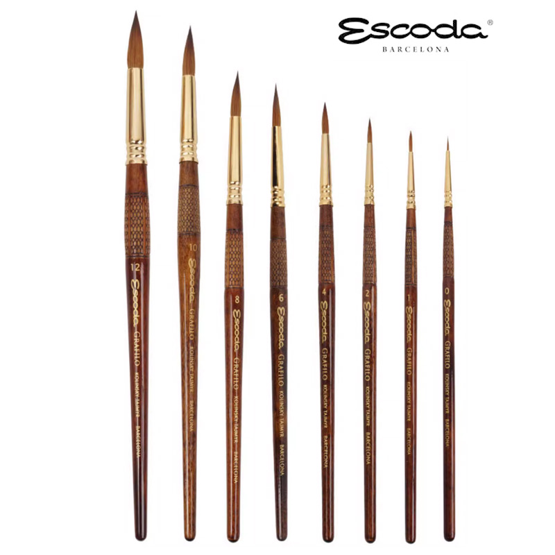 西班牙ESCODA西伯利亚冬季雄性貂尾毛笔皇貂毛圆头雕花长笔杆水彩画笔1230勾线笔艺术家艺术家涂色