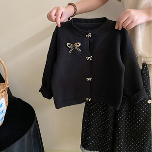 女童学院风套装秋季时髦小香风蝴蝶结针织衫波点裤子女孩两件套潮