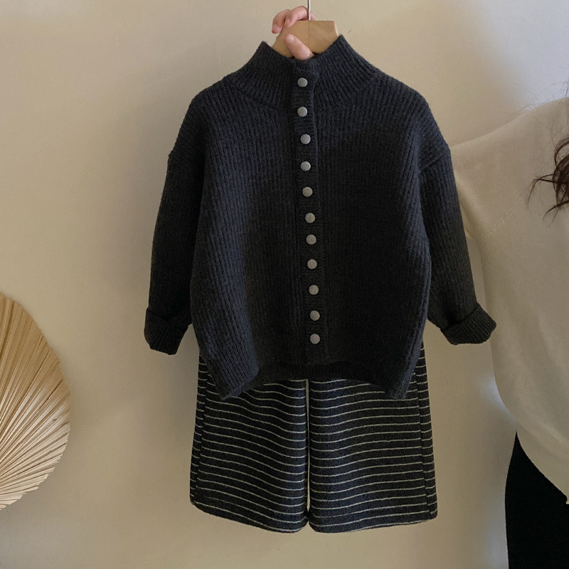 女童休闲高领针织加绒保暖毛衣2024秋冬新款百搭加绒条纹裤套装潮