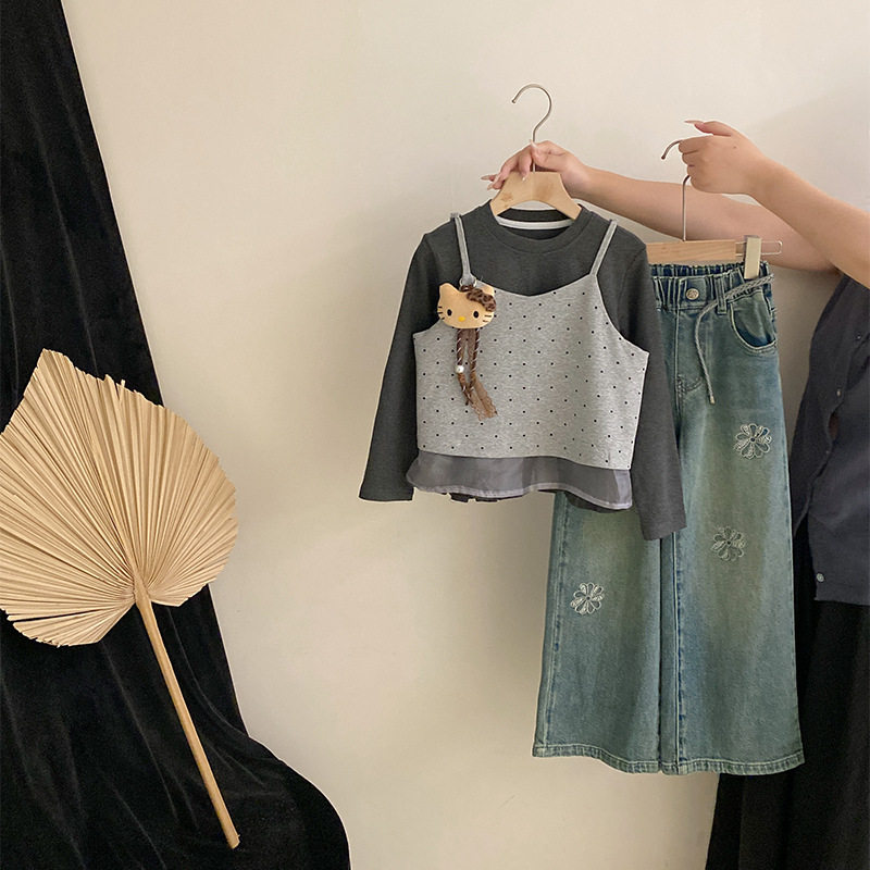 2025秋季韩版女童洋气波点打底长袖上衣花花牛仔阔腿裤潮流三件套,童装/婴儿装/亲子装,套装,淘宝优惠券,粉丝福利购,淘宝优惠卷