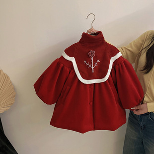 女童韩系披肩花朵慵懒风外套秋冬2025新款洋气保暖上衣中小童外套