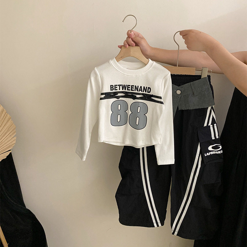 韩版女童秋季2025新款印花长袖字母上衣条纹洋气工装裤子两件套潮,童装/婴儿装/亲子装,套装,淘宝优惠券,粉丝福利购,淘宝优惠卷