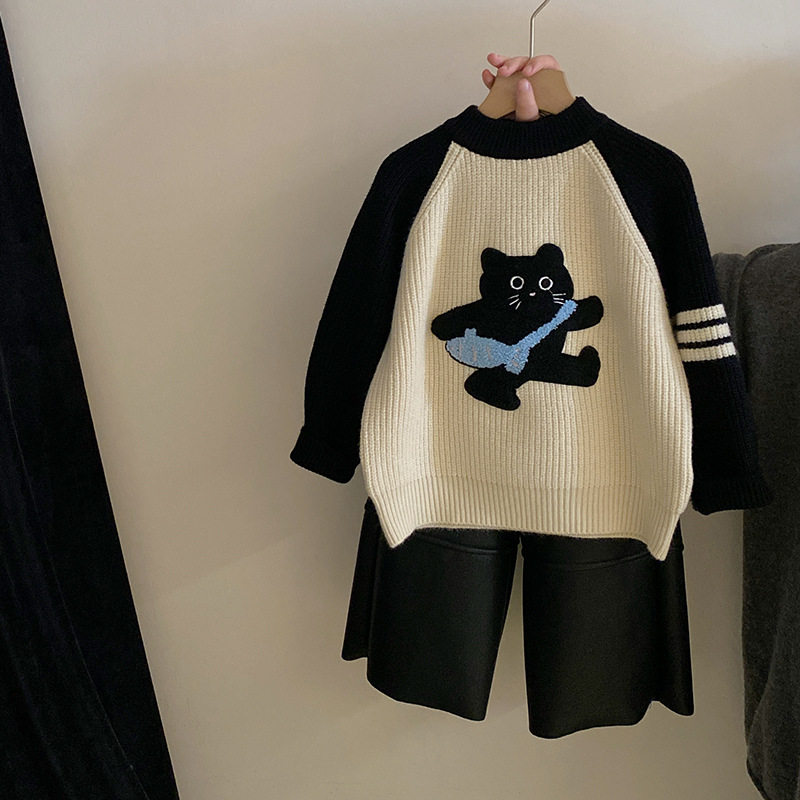 女童韩版撞色卡通猫咪针织毛衣2024秋冬新款加绒保暖皮裤洋气套装,童装/婴儿装/亲子装,套装,淘宝优惠券,粉丝福利购,淘宝优惠卷