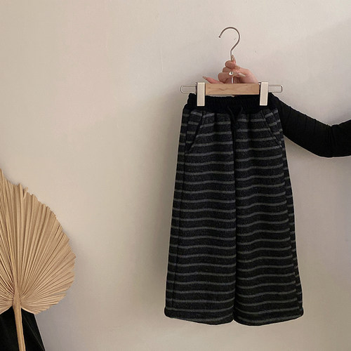 女童韩版冬季2025新款洋气条纹加绒休闲裤百搭中小童休闲潮流裤子