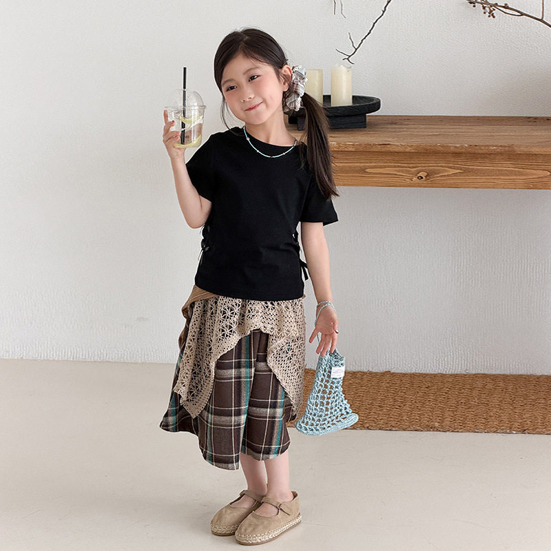 女童韩版简约百搭短袖T恤夏季儿童套装洋气拼接格子裙两件套潮流