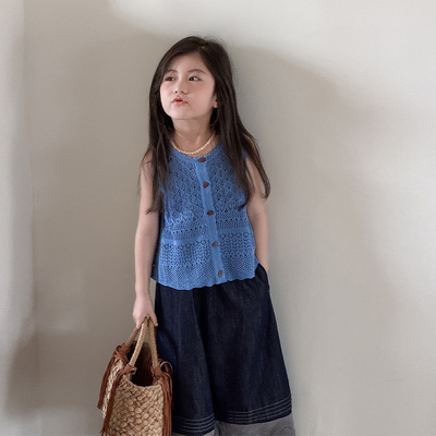 女童镂空针织背心两件套春夏款新款时尚百搭牛仔裤套装潮R261