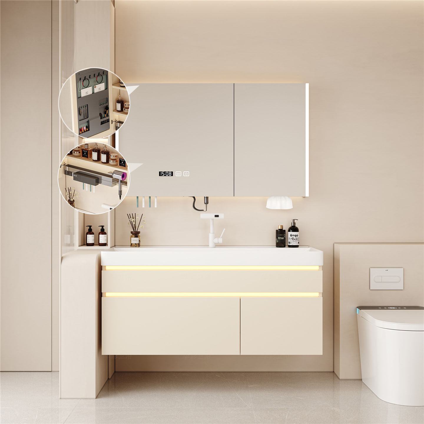 誉华彩奶油风浴室柜组合一体陶瓷盆智能镜子壁挂式轻奢洗手池