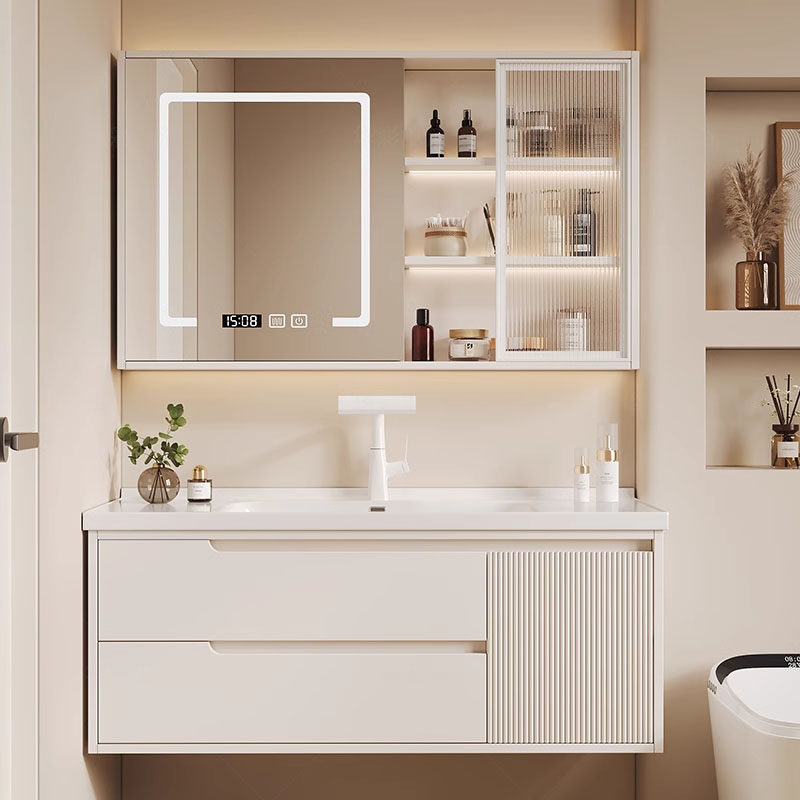 奶油风橡木烤漆浴室柜陶瓷一体盆洗手盆洗脸池收纳柜卫生间洗漱台