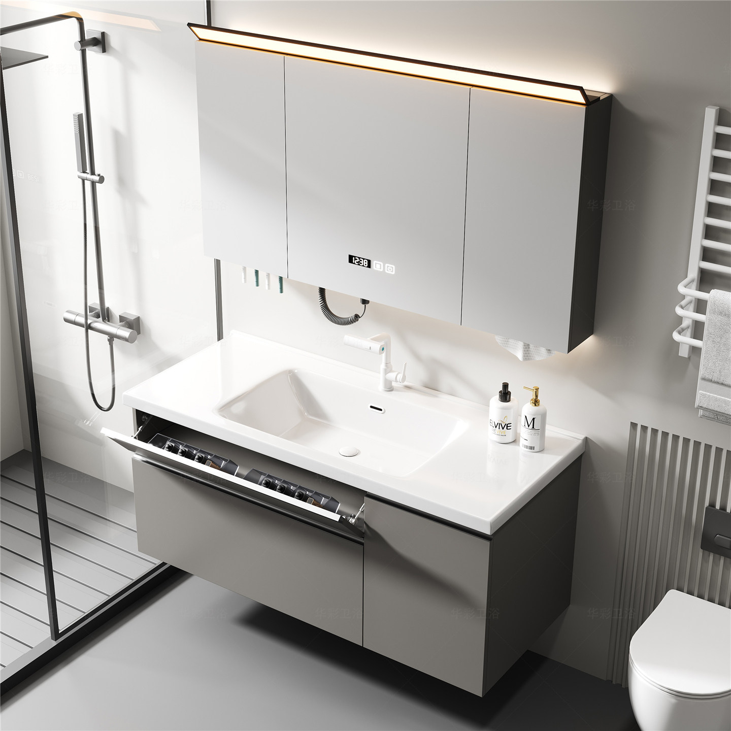 拉篮浴室柜风水镜柜轻奢风卫浴一体洗脸盆柜洗手盆洗漱台陶瓷盆