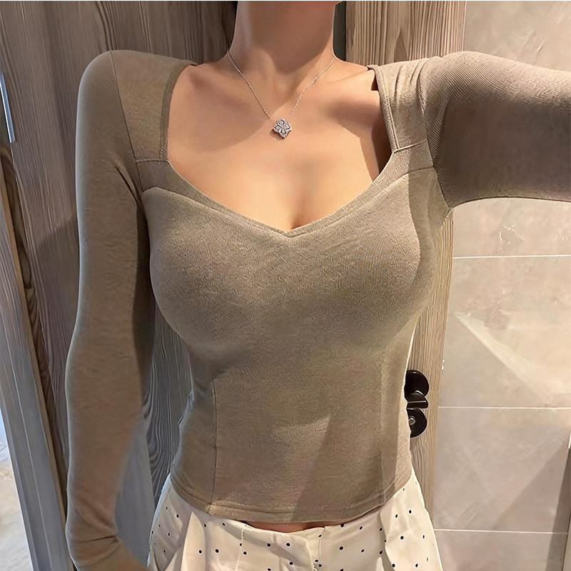 美式辣妹性感桃心领长袖T恤女修身显瘦带胸垫纯欲内搭打底衫上衣,女装/女士精品,T恤,淘宝优惠券,粉丝福利购,淘宝优惠卷
