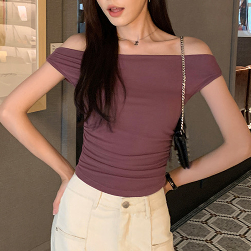 春夏辣妹一字领露肩显瘦T恤
