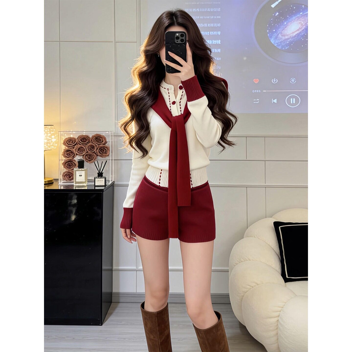 过年新年战袍毛衣短裤套装女秋冬2026新款巨好看红色系穿搭一整套