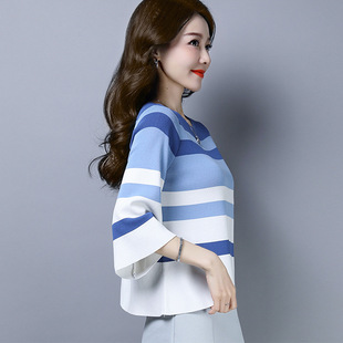 拼色条纹套头打底衫 冰丝圆领针织衫 新款 T恤女夏季 上衣宽松潮 短袖