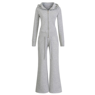 加绒运动套装秋冬新款连帽拉链修身卫衣开衫+高腰微喇裤卫裤长裤