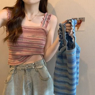 韩版 短款 夏季 大码 上衣200斤 吊带背心女装 针织衫 胖mm修身 条纹薄款