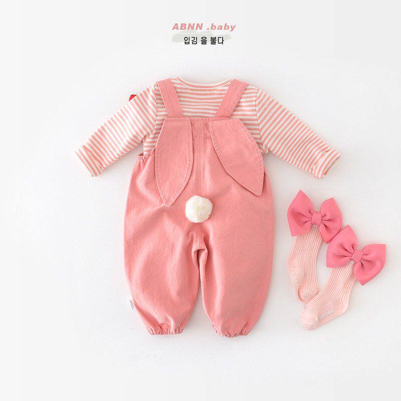 婴儿宝宝纯棉裤子春季新款女童棉质背带裤新生儿超萌可爱连体裤潮