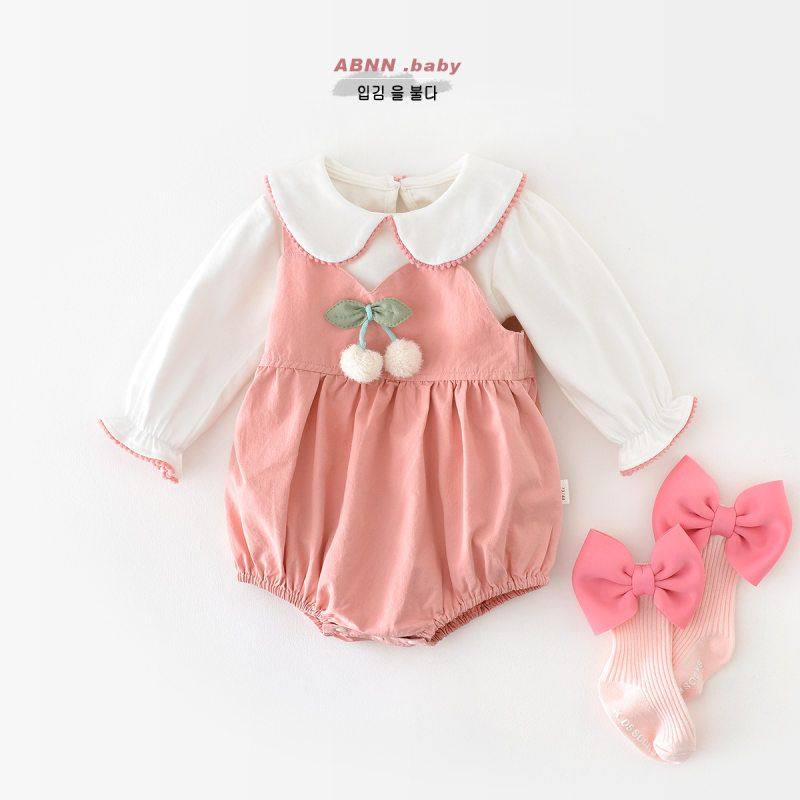 婴儿纯棉裤子春秋季洋气女宝宝甜美樱桃背带裤新生儿无袖包屁哈衣