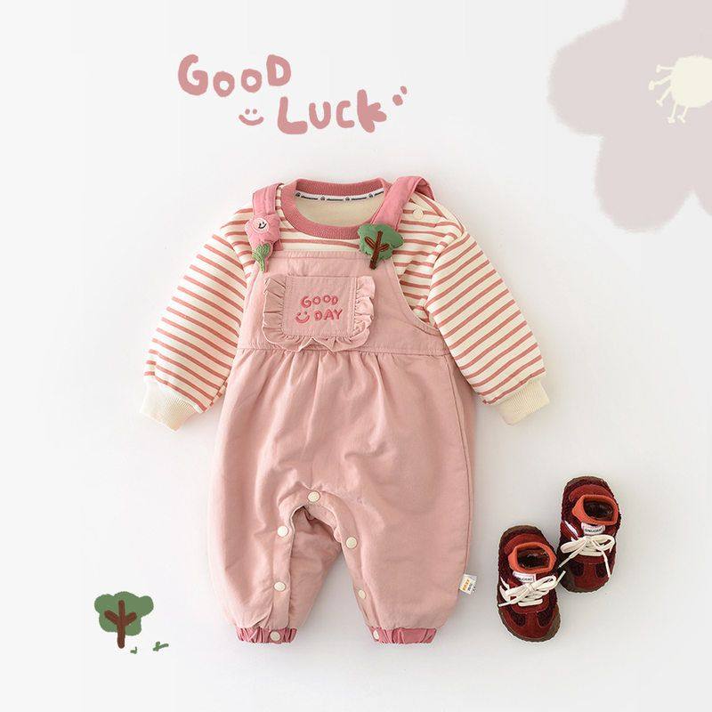 女宝宝洋气卫衣套装秋冬装新款女童加绒加厚婴儿背带裤保暖两件套