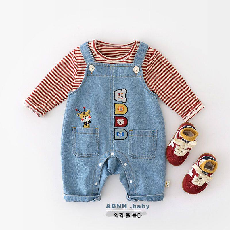 男童洋气软牛仔背带裤秋季新款宝宝卡通刺绣休闲裤婴幼儿百搭裤子