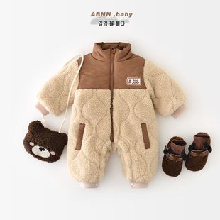 男宝宝棉衣爬服冬季新款婴儿外出韩版毛毛拼接棉衣加绒加厚连体衣