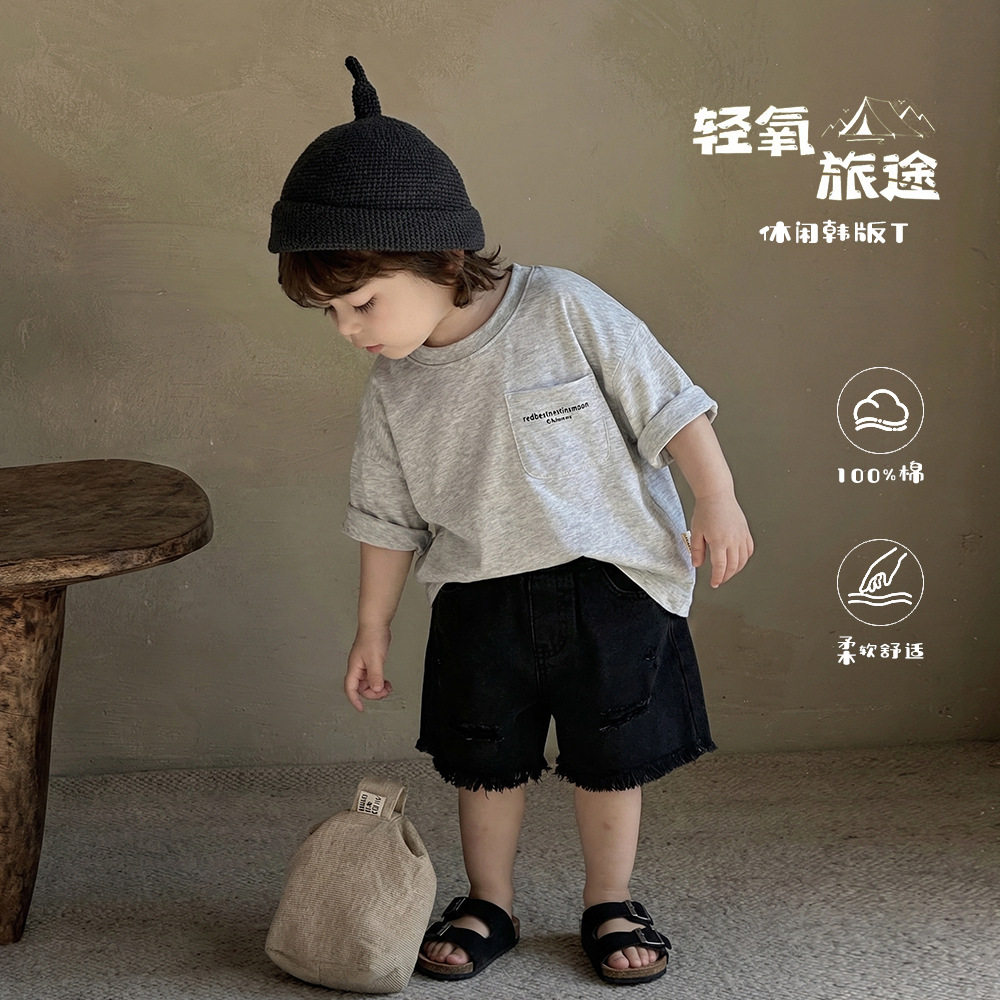 男童棉质短袖套装夏季新款男宝宝帅气破洞牛仔短裤儿童夏装两件套