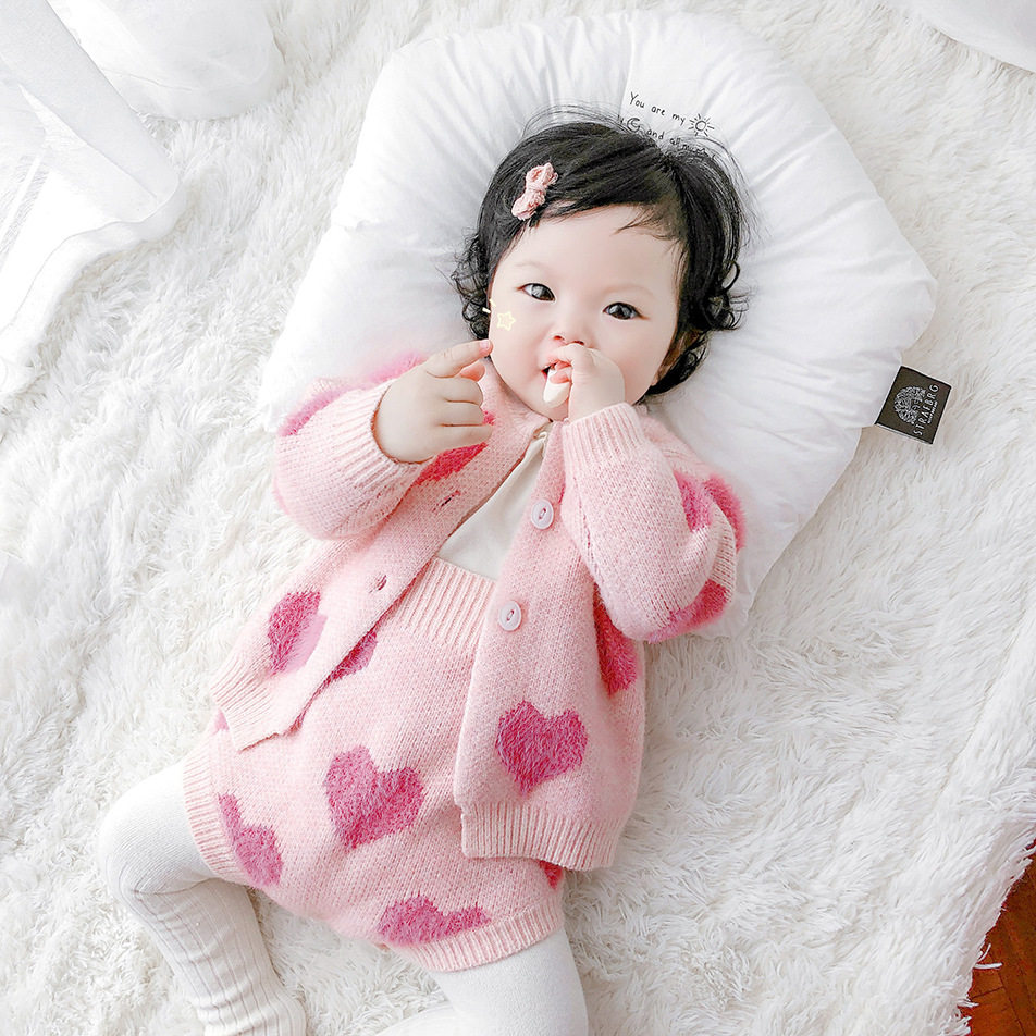 女童洋气毛衣套装春秋韩版婴幼儿女宝宝针织开衫背带裤分体两件套