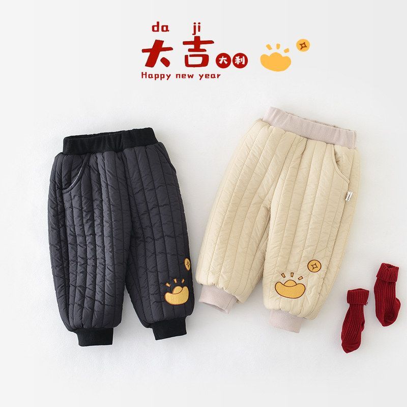 婴儿加绒裤子新年装男女童宝宝中国风棉裤儿童加厚新款中式束脚裤