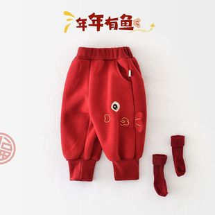 宝宝加绒裤子中国风冬装婴儿新款卫裤男女童刺绣保暖新年装束脚裤