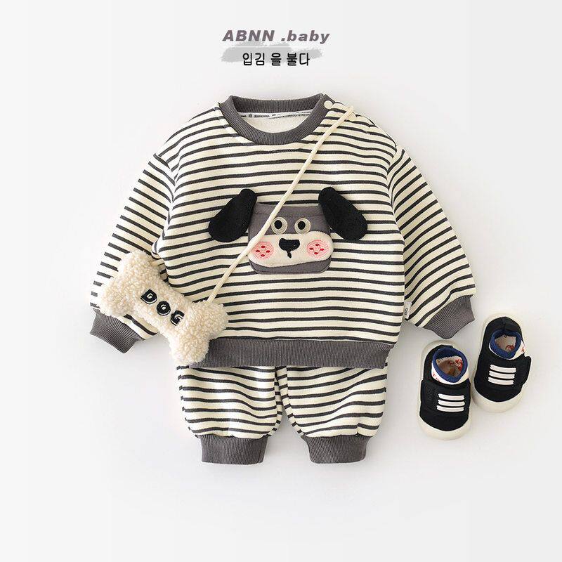 婴儿冬款一体绒套装儿童秋冬季新款卫衣男宝宝加绒加厚分体两件套