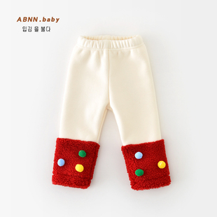婴儿加绒裤子冬季圣诞款新年装女童洋气拼接打底裤儿童外穿休闲裤