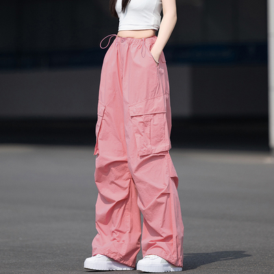 粉色工装裤女2025新款夏酷飒风多巴胺爵士舞裤子伞兵裤阔腿休闲裤