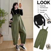 内搭2件套 背带裤 孕妇早春军绿色工装 高腰显瘦宽松阔腿裤