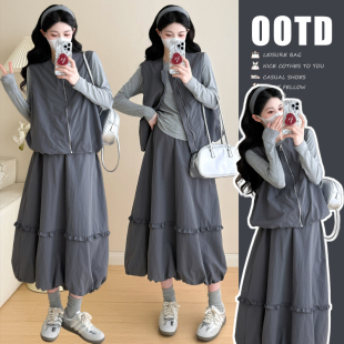 花苞半身裙套装 宽松气质潮妈慵懒风三件套装 秋季 孕妇装