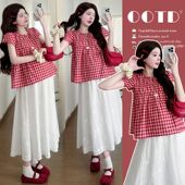 孕妇半身裙套装 现新 设计感孕妇格子上衣宽松夏季 新款 夏装