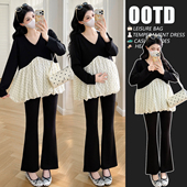 法式 春季 v领波点拼接假两件花苞长袖 娃娃衫 套装 微喇裤 新品