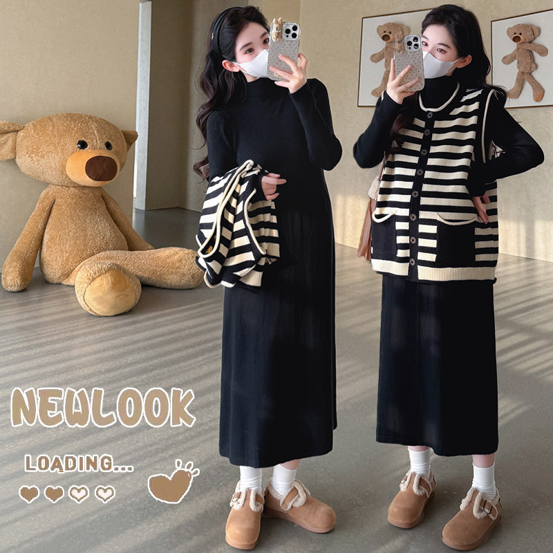 大货 孕妇冬季针织中长款内搭连衣裙 宽松大板条纹马甲两件套