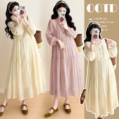 缩褶气质中长款 花边领长袖 2025秋新款 孕妇连衣裙 孕妇装