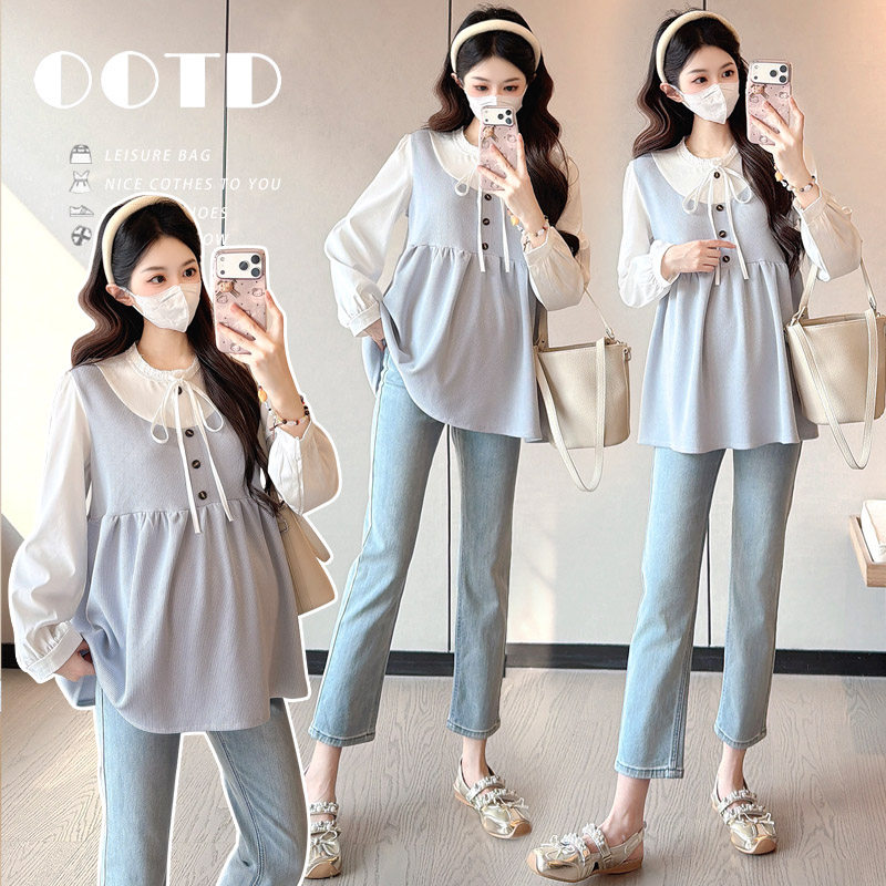 ~孕妇装春款孕妇韩版拼接娃娃衫 宽松长袖减龄遮肚百搭连衣裙