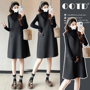 毛呢孕妇大码 韩风中长款 连衣裙 新款 秋冬季