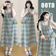 现 复古百搭宽松格子背带裙 甜美蕾丝花边森系衬衫