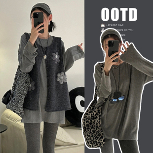 马甲背心马甲宽松型T恤上衣孕妇外穿紧身打底裤 秋季 提花针织无袖