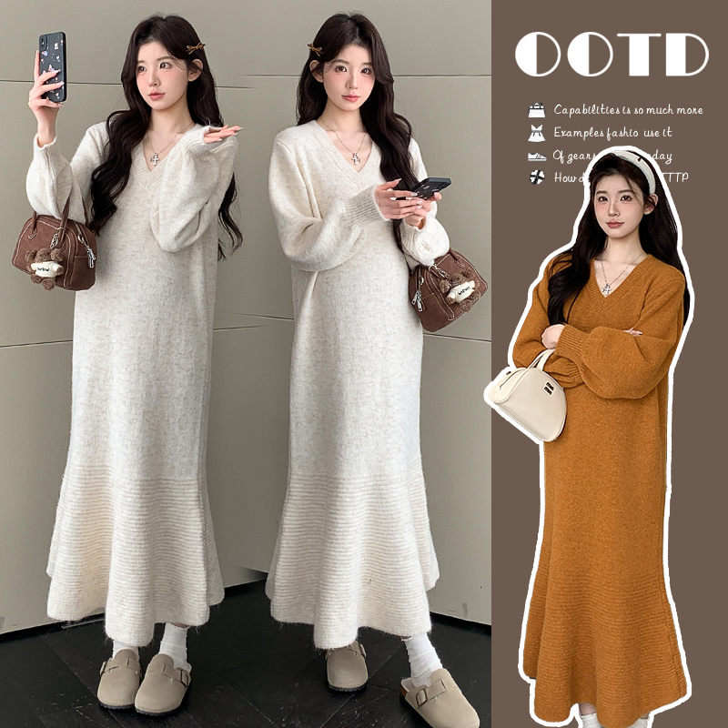 新品2025秋冬v领显瘦中长款鱼尾针织连衣裙孕妇
