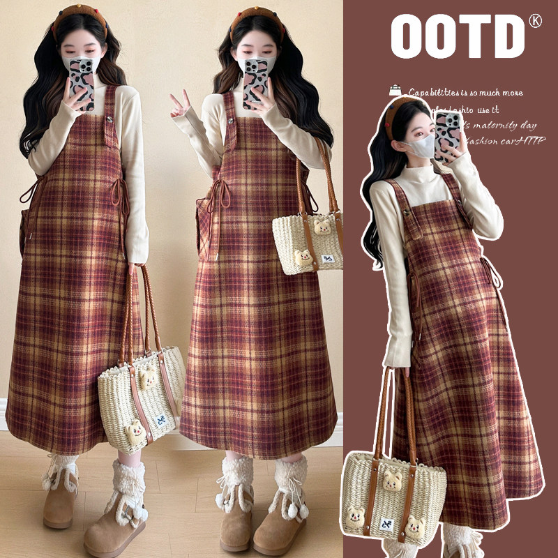 孕妇装 特色洋气复古甜系精致格纹抽绳长款背带裙孕妇装套装裙,女装/女士精品,连衣裙,淘宝优惠券,粉丝福利购,淘宝优惠卷